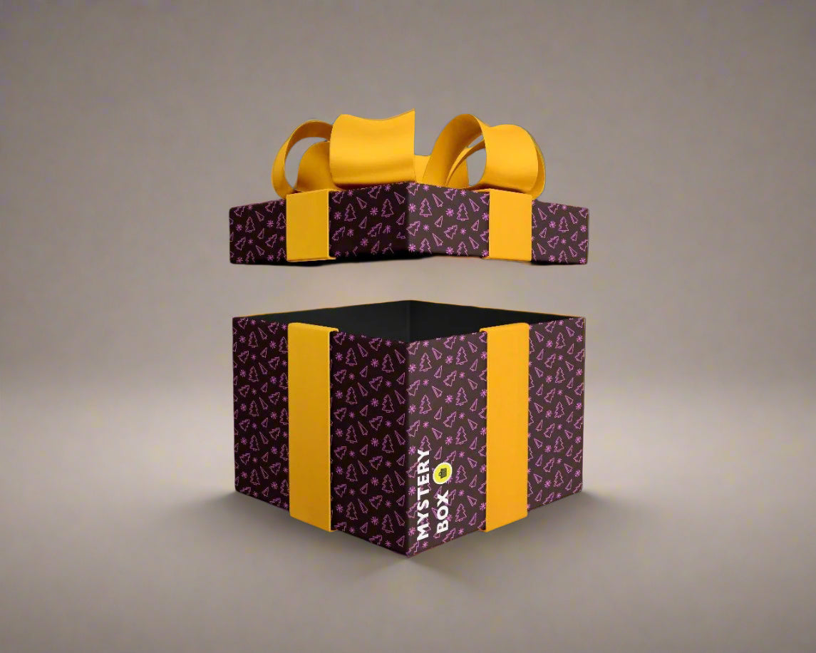 Open mystery box with purple pattern and yellow accents on a green background